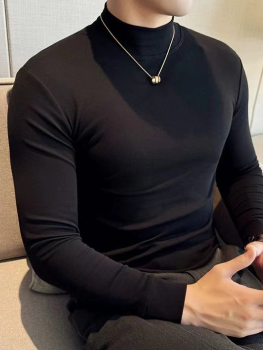 Men's Spring/Autumn Semi-High Neck Simple Outdoor Versatile Long Sleeve T-Shirt