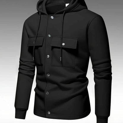 Men's Heavy-Duty Hooded Sweatshirt with Full-Zip Front & Utility Pockets - Olive Green Tactical-Style Outdoor Jacket, Long Sleeve Casual Pullover for Hiking, Camping, Casual Attire - Spring/Fall Layering Essential (Regular Fi