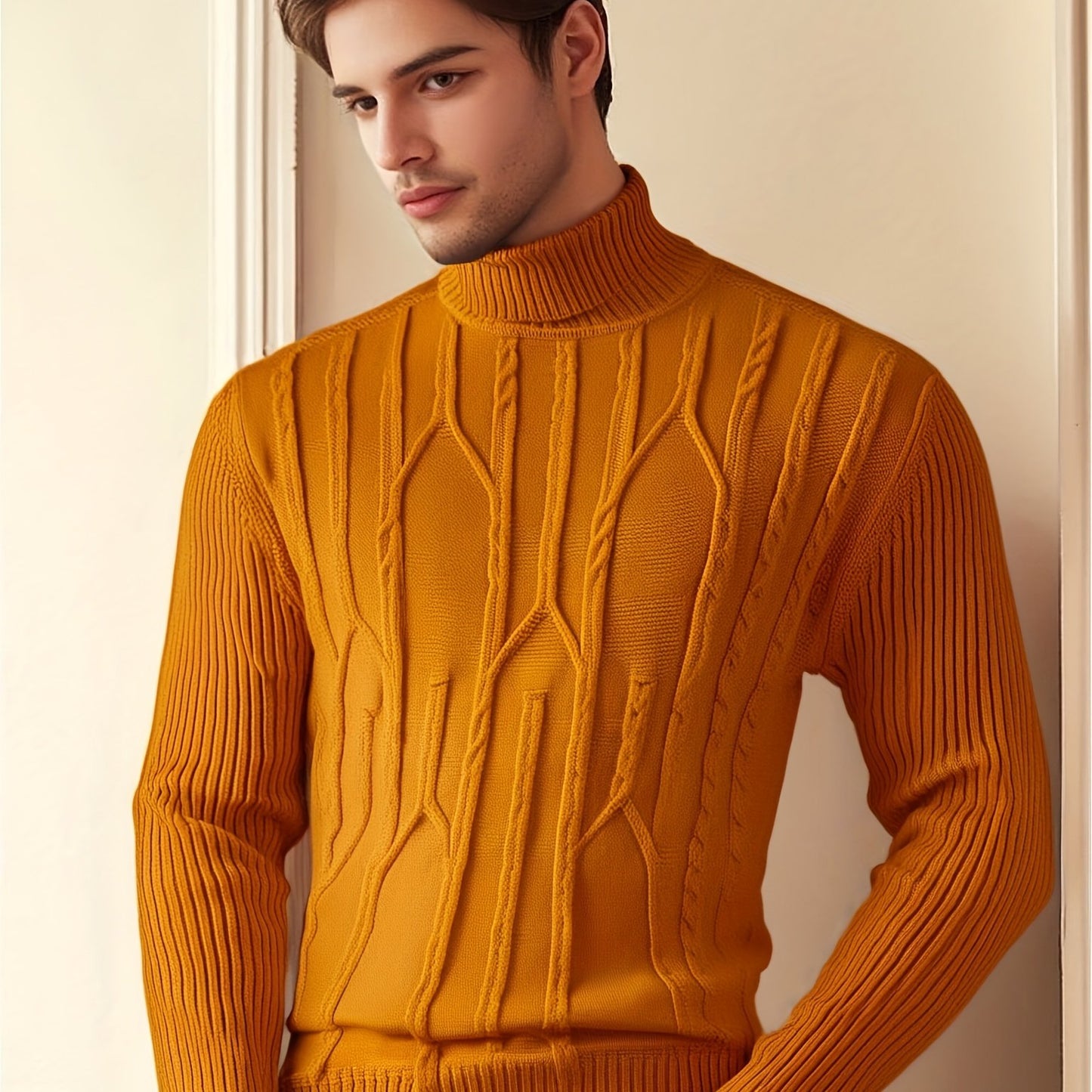 Men'S Solid Color Turtleneck Sweater, Highly Elastic, Stylish, Comfortable, And Warm Top, Suitable for Outdoor Wear in Autumn And Winter, Base Layer Sweater, Striped Knitted Turtleneck Sweater - Long Sleeve Pullover, Featurin