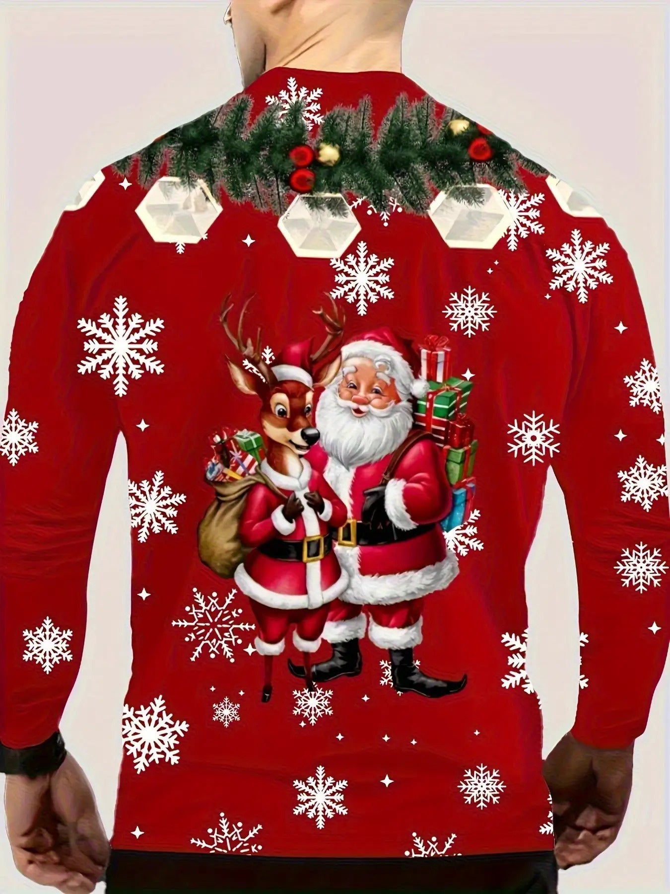 Men's Christmas Santa & Reindeer Print T-Shirt - Soft Stretchy Long Sleeve Casual Top with Elf Helper & Sleigh Design, Plus Size Holiday Party Wear, Machine Washable Red & White Snowflake Pattern Shirt, PLUS SIZE, Christmas S