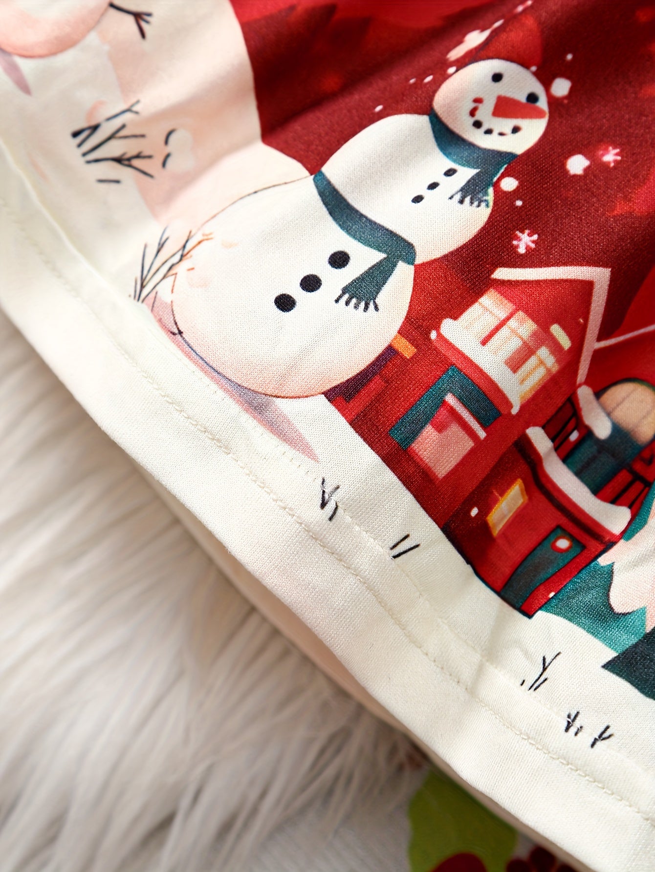 Festive Toddler Girl's Long Sleeve Ruffle Trim Dress with Santa and Snowman Print - Polyester Blend with Slight Stretch, Casual Knit Fabric Playwear for Spring/Fall