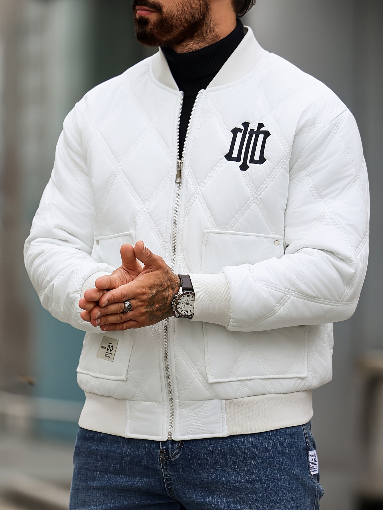 Men's Heavy-Duty Winter Jacket with Thick & Windproof, White Coat with Black Logo & Lettering, Large Zippered Pocket, Machine Washable - Casual Outerwear for Skiing, Travel, Streetwear (Regular Fit), Winter Jacket For Men, Me