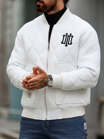 Men's Heavy-Duty Winter Jacket with Thick & Windproof, White Coat with Black Logo & Lettering, Large Zippered Pocket, Machine Washable - Casual Outerwear for Skiing, Travel, Streetwear (Regular Fit), Winter Jacket For Men, Me