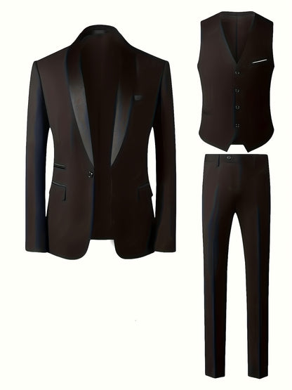 Men's 3-Piece Polyester Suit with Vest and Pants, Formal Workwear