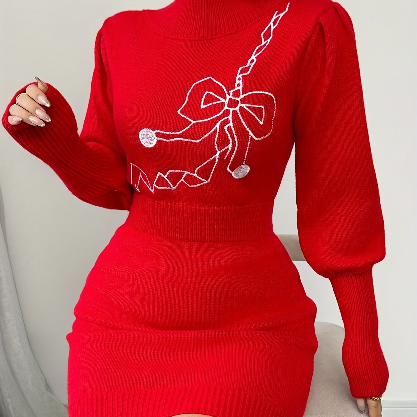 Women's Elegant Slim-Fit Sweater Dress with Bow Design, Fashionable and Versatile, Suitable for Autumn and Winter, Christmas Gift