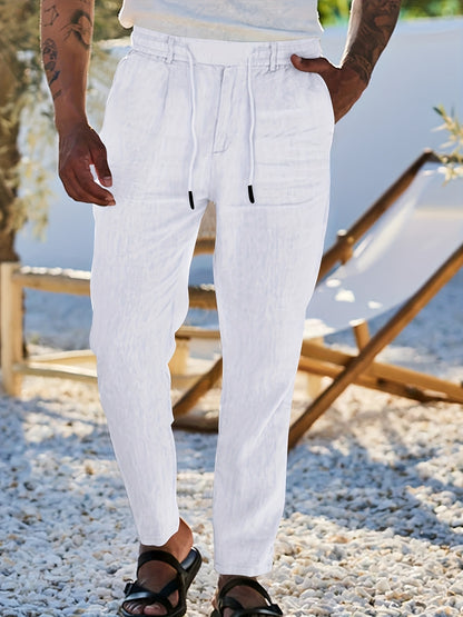 Men'S Casual Linen Drawstring Pants - Comfortable Straight Fit, Lightweight & Breathable for Beach & Outdoor Activities, Beach Casual Wear|Straight Fit Pants|Lightweight Fabric