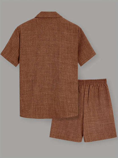 Men's Casual Solid Color Short Sleeve Shirt & Drawstring Shorts Set