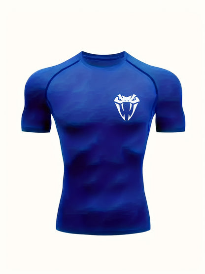 Men'S Quick-Dry Athletic Compression T-Shirt with Serpent Head Logo - Short Sleeve, High Stretch, Breathable Fabric for Running  Workout, Blue