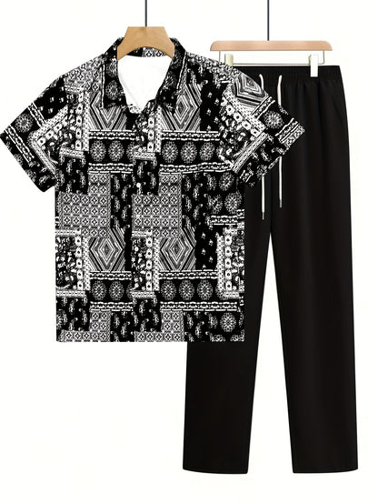 2pcs Summer Men'S Print Shirt and Pants Set Vacation 2pcs Suit, Perfect for Outdoor