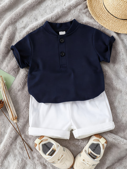 Boys' Summer Stand Collar T-Shirt & Contrast Shorts Set