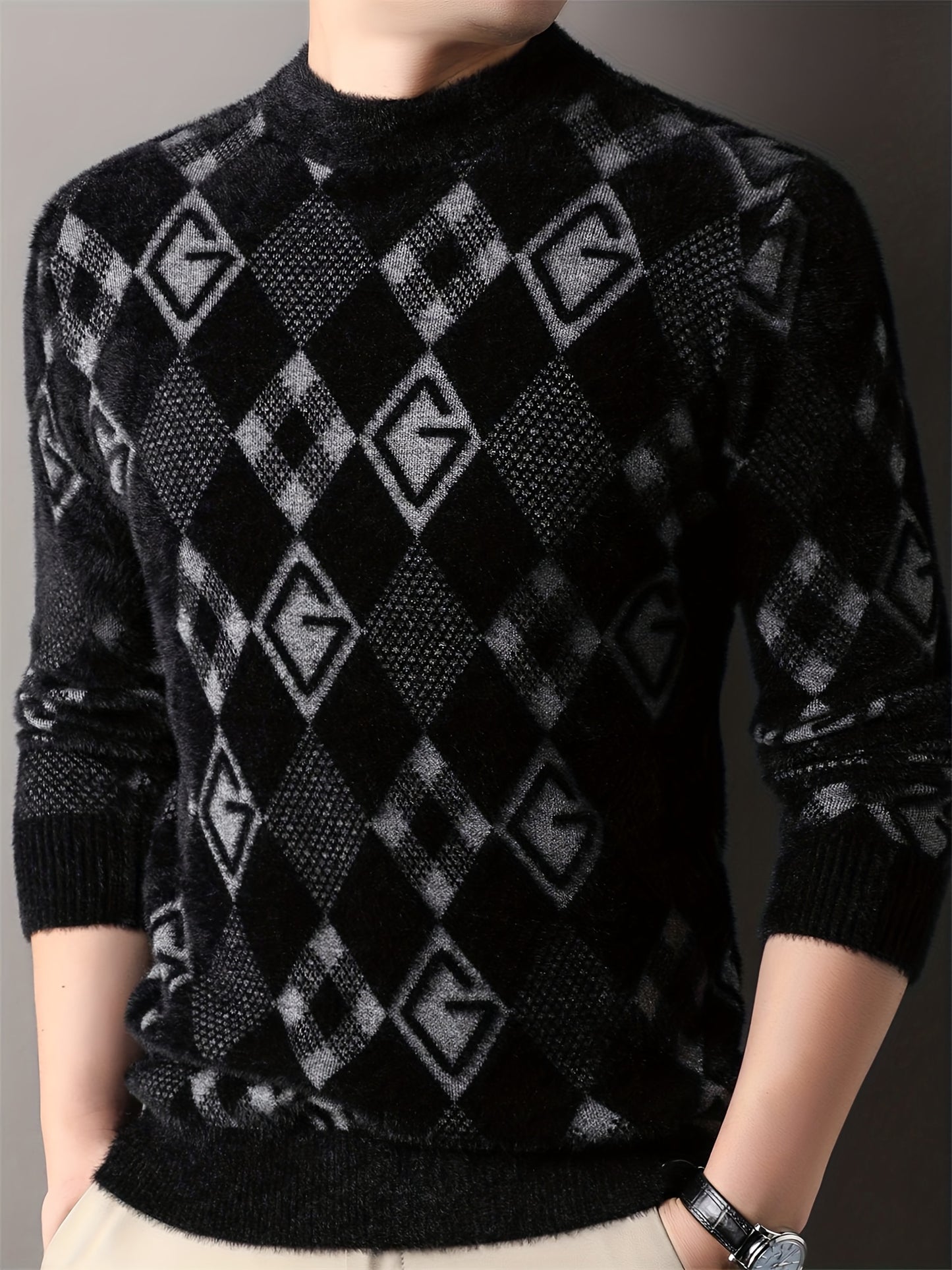 Maqiqi OBM Men's New Autumn/Winter Knit Pullover, Plaid Pattern Men's Sweater with Letter Decoration, Faux Mink Fur Round Neck Long Sleeve Men's Top, Soft and Comfortable Fabric, Suitable for Casual Outings, Men's Gift