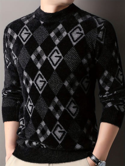 Maqiqi OBM Men's New Autumn/Winter Knit Pullover, Plaid Pattern Men's Sweater with Letter Decoration, Faux Mink Fur Round Neck Long Sleeve Men's Top, Soft and Comfortable Fabric, Suitable for Casual Outings, Men's Gift
