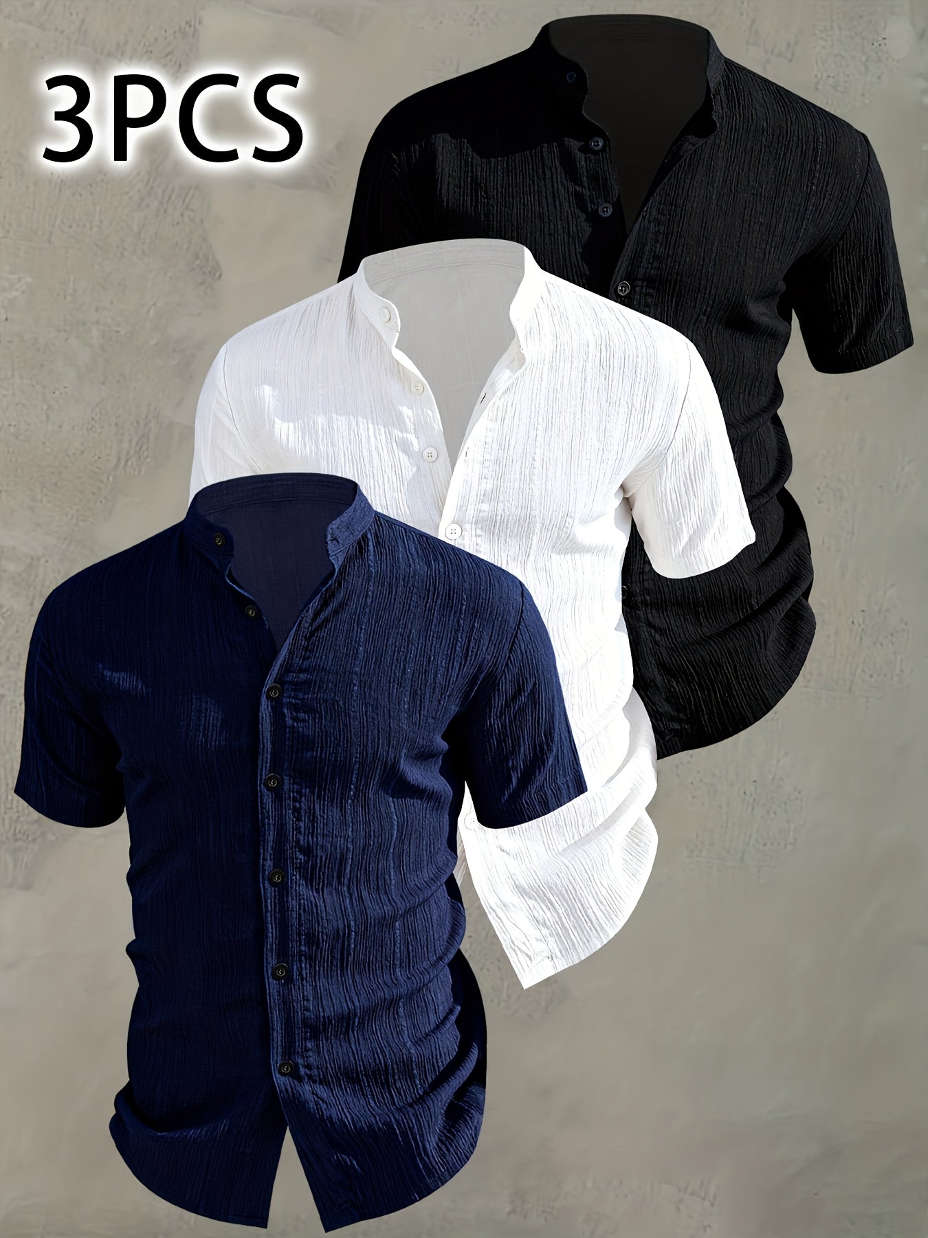 Men's 3-Piece Summer Shirt Set - Lightweight, Breathable, Stand Collar
