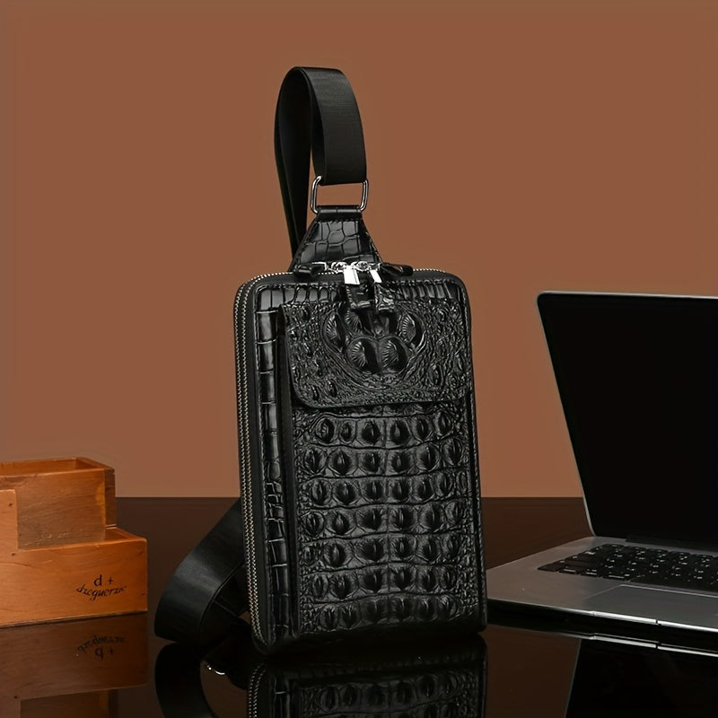 Men'S Stylish Black Crocodile Pattern Crossbody Bag - Durable, Large Capacity, Adjustable Strap, Perfect for Travel  Daily Commute, Commuter Shoulder Bag Stylish Crossbody Durable Fabri