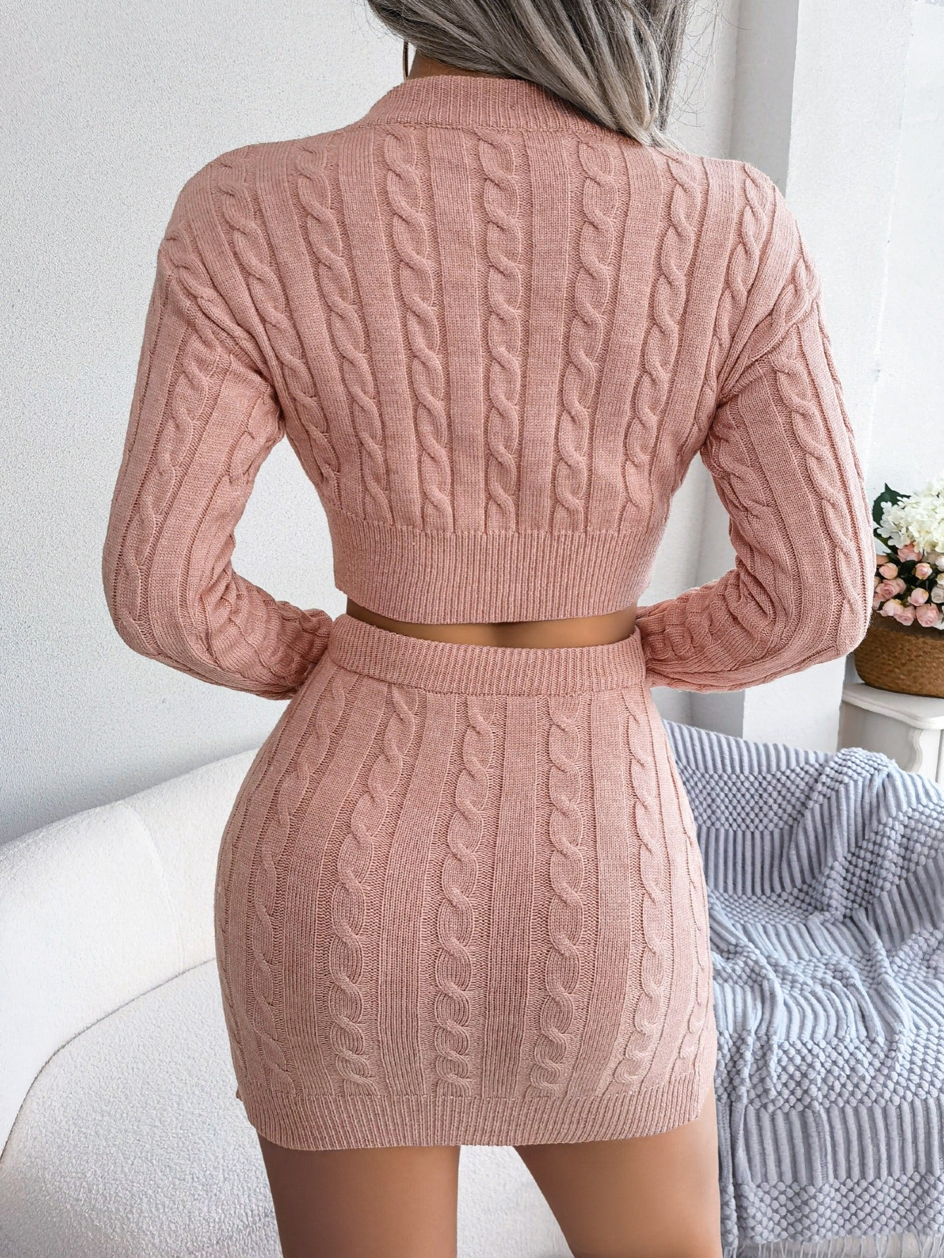 Autumn-Winter European and American Street Style Twist Crop Top Sweater and Hip-Wrapped Skirt Set