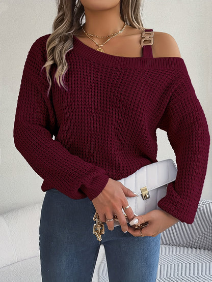 Casual And Versatile Long-Sleeve Sweater with Shoulder Cutouts And Metal Buttons for Autumn And Winter.