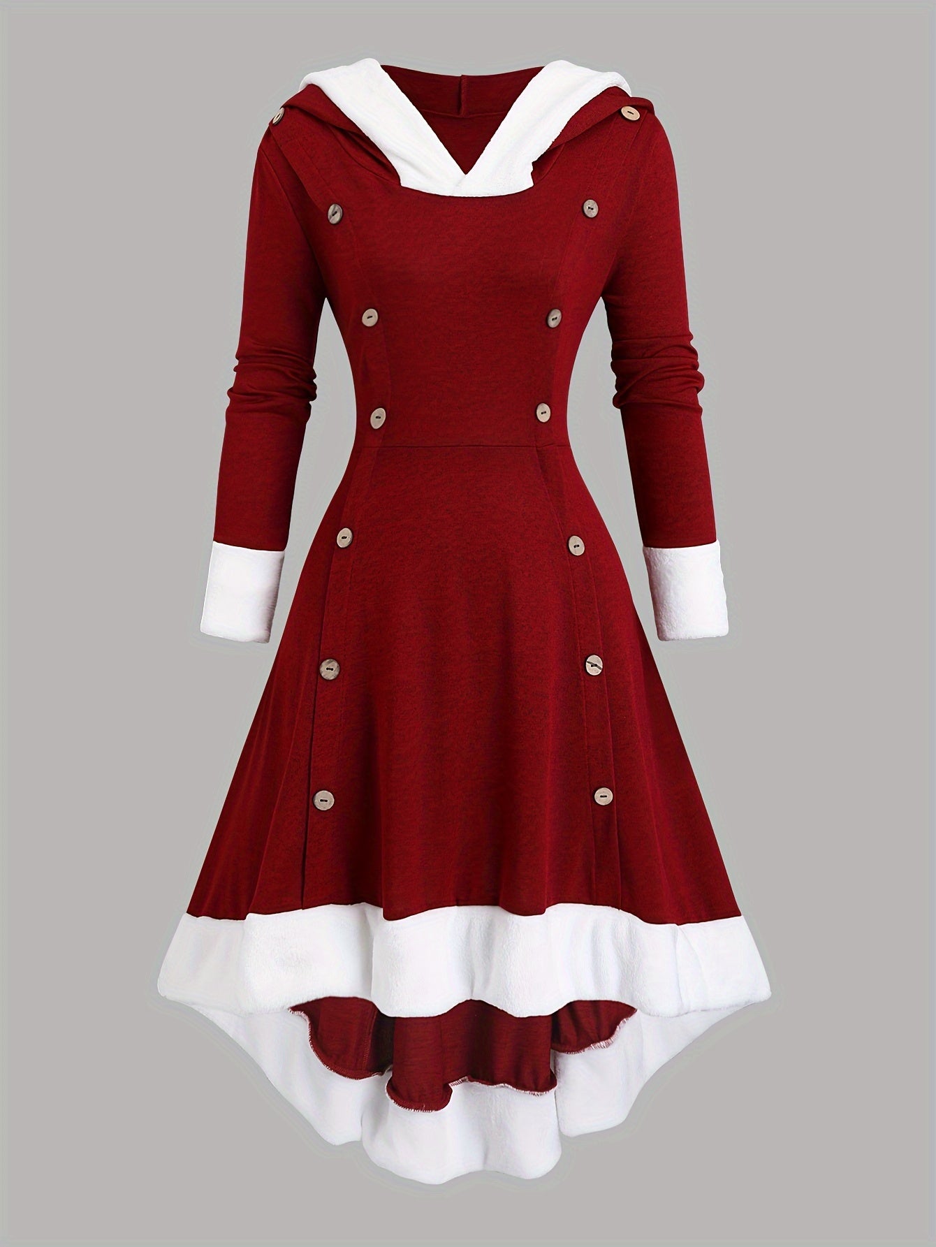 Women'S Vintage Christmas Party Dress - Long Formal gown with Hood, A-Line Silhouette, Drawstring Hood - Burgundy & White Holiday Outfit for Xmas, New Year'S Eve - Elegant Winter Evening Attire, Seasonal Celebration, Classic