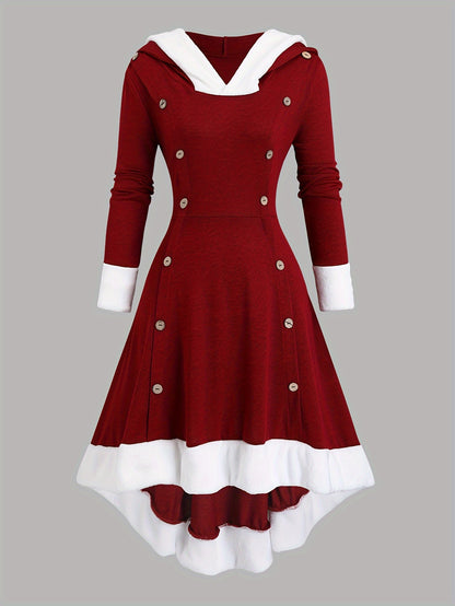 Women'S Vintage Christmas Party Dress - Long Formal gown with Hood, A-Line Silhouette, Drawstring Hood - Burgundy & White Holiday Outfit for Xmas, New Year'S Eve - Elegant Winter Evening Attire, Seasonal Celebration, Classic