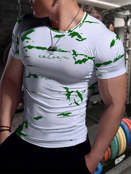 Men's High-Elasticity Anti-Tear Graffiti T-Shirt - Black  White Geometric Print, Tight-Fit Athletic Top for Gym, Running, Yoga  Casual Summer Wear, Gym Clothes, Highelastic Polyester, Short Sleeve Design