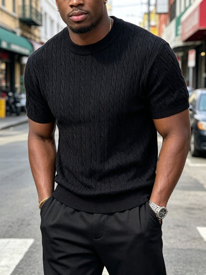 Men's Classic Cable Knit Crew Neck T-Shirt for Summer