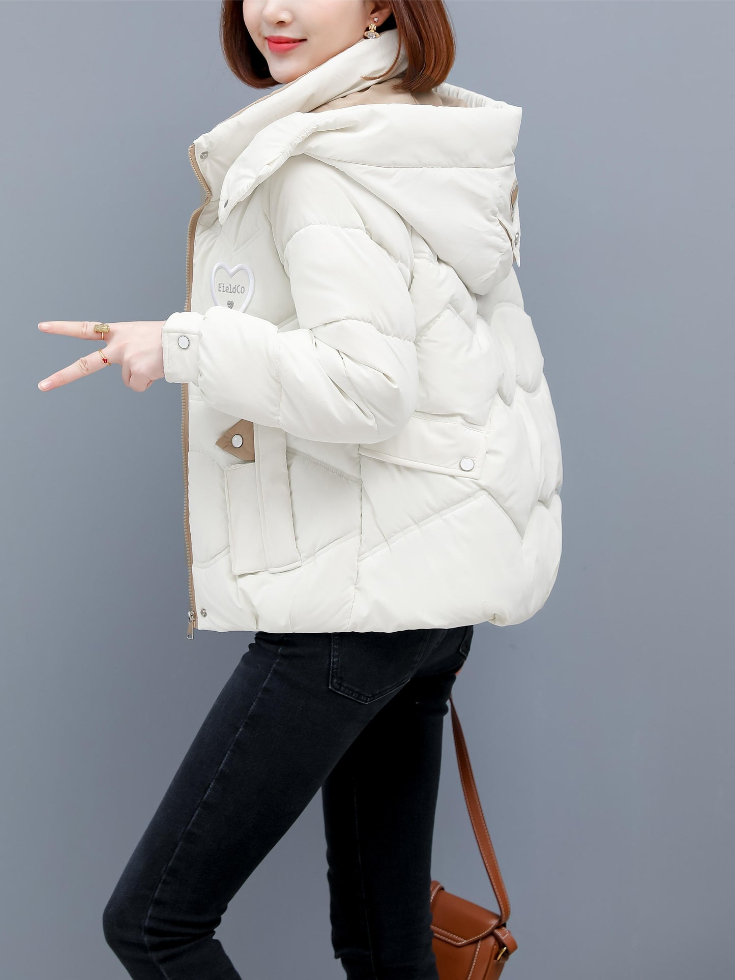 Women's Winter Hooded Jacket - Stylish Beige & White Zip-Up Coat with Heart Design, Warm Polyester Outerwear for Casual or Chic Looks, Winter Jacket