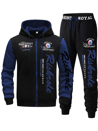 Men's Hooded Letter Print Tracksuit, 2pcs Casual Sports Set, Fashion Hoodie With Full-zip And Elastic-waist Pants, Regular Fit, Outdoor Cloth