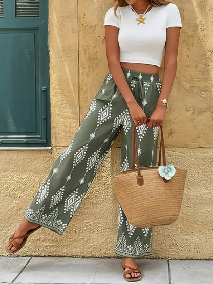 Women's Elegant Wide-Leg Trousers with Geometric Print