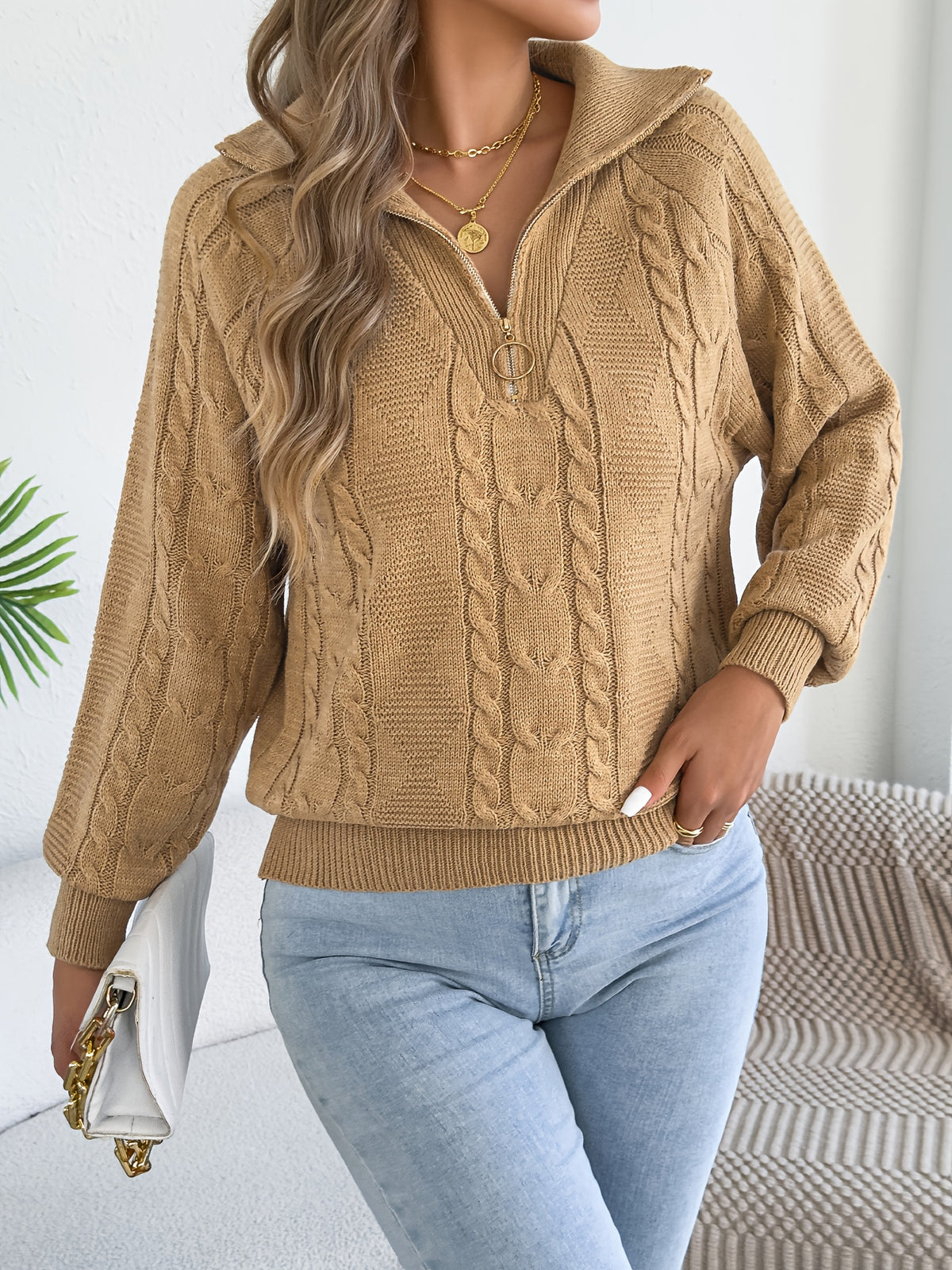 Women's Fall Winter Pullover Sweater with Zipper Lapel