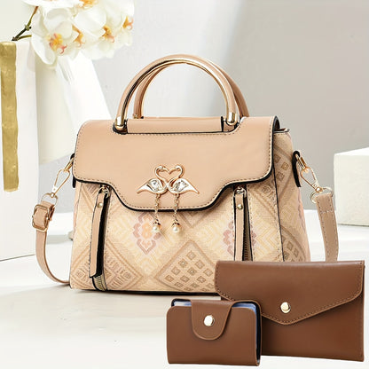 Women's Bag Set of Three: Printed Shoulder Bags, Stylish Tote Handbags and Versatile Crossbody Pouches