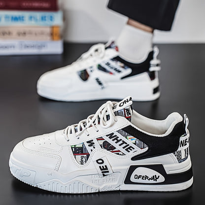 1 Pair MAINALUN Men'S Business Casual Sneakers - Lightweight, Durable, and Stylish for Outdoor Activities, Travel, and Daily Wear, White with Black Accents and Logo, Comfortable Lace-Up Design, Casual Footwear   Stylish Casua