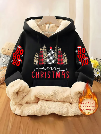 Christmas & Plaid Leopard Print Christmas Tree Pattern Printed Ladies Lined Hoodie, Thick and Warm Polyester Fabric Jacket, Suitable for Casual Composite Warm Clothing for Autumn and Winter Season