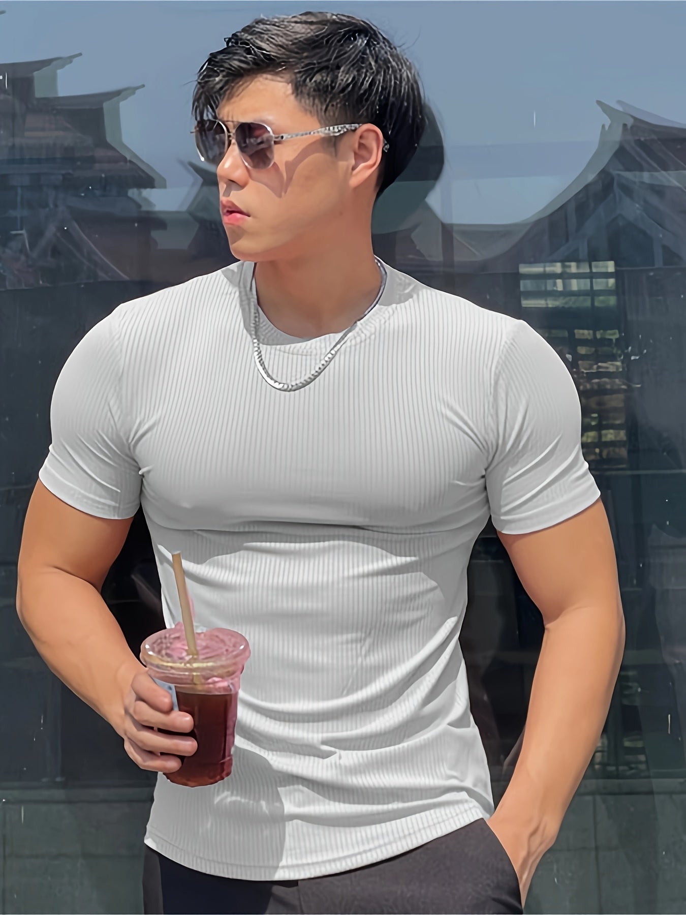 Men's Athletic Striped Solid Color Fitness Short Sleeve T-Shirt, Quick-Dry Stretchy Polyester Sports Tee for Training, Running, Summer, Slim Fit, Round Neck, Knitted Fabric