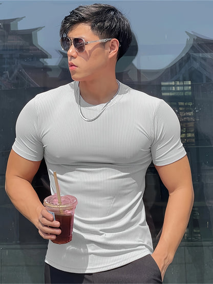 Men's Athletic Striped Solid Color Fitness Short Sleeve T-Shirt, Quick-Dry Stretchy Polyester Sports Tee for Training, Running, Summer, Slim Fit, Round Neck, Knitted Fabric