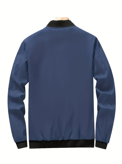 Men's Baseball Jacket - All-Season Zip-Up Coat with Zippered Pockets, Machine Washable Outerwear for Casual & Formal Events - Navy Jacket, Sleek Appearance