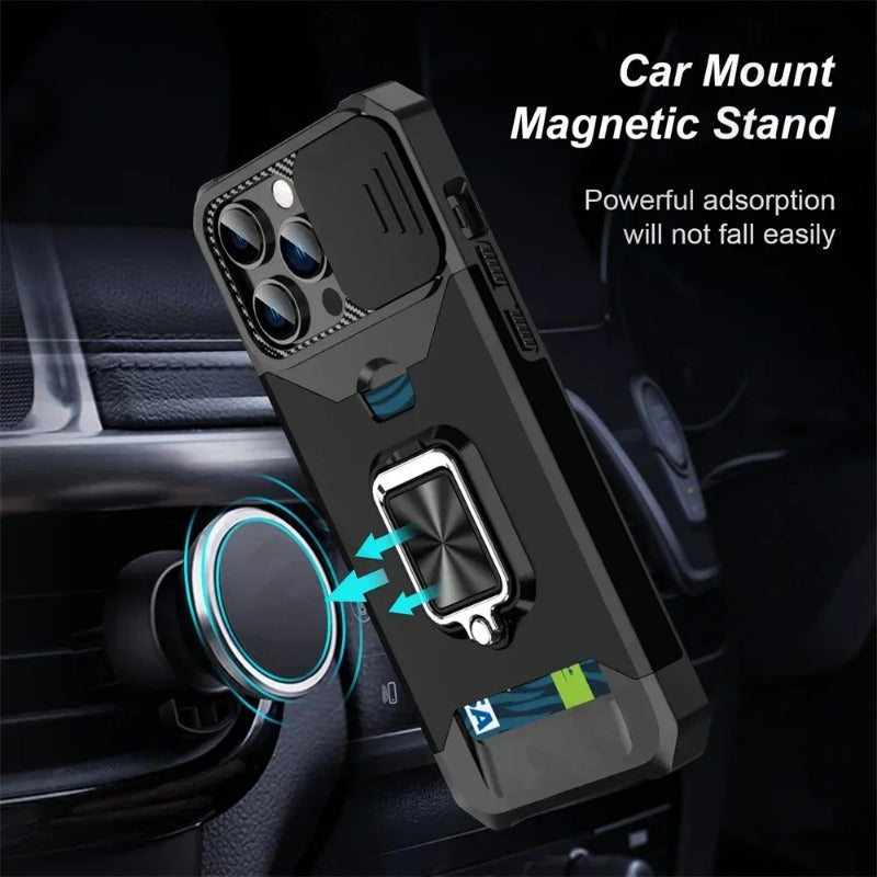 Retro PVC Phone Case with Sliding Camera Slot and Ring Stand