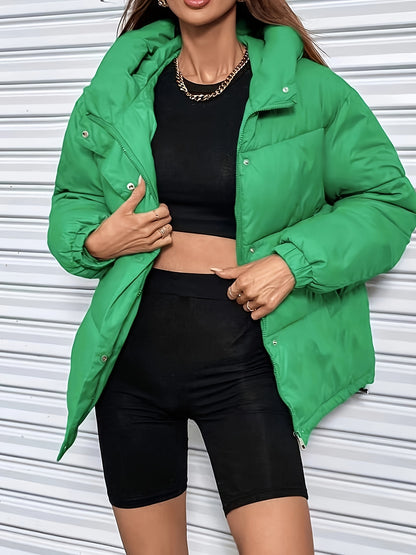 Women'S Stylish Winter Zip-Up Hooded Jacket - Casual Thickened Outerwear with Pockets, Long Sleeve, Non-Stretch Fabric, Solid Color, 100g/m², Perfect for Cold Weather, Winter Clothes