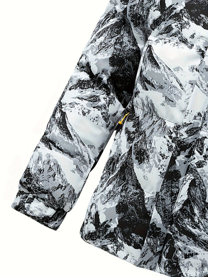 Men'S Heavyweight Winter Jacket - Windproof Thermal Insulated Hooded Coat with Full-Zip Closure, Adjustable Hood & Zippered Arm Pockets - Cold Weather Skiing, Snowboarding, Outdoor Activities - Black/White Camo Pattern - Poly
