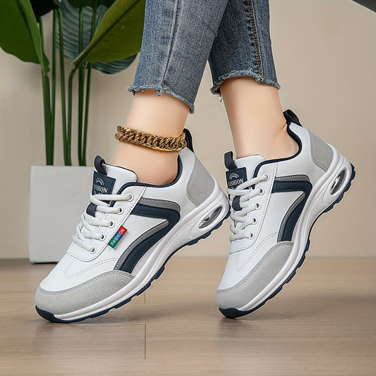 AOPLUS Women's Fashion Sneakers - Lightweight, Comfortable, and Breathable Low-Top Sneakers with Air Cushion Support, White  Blue Design, PU Cover Upper, Fabric Lining, All-Season Wear