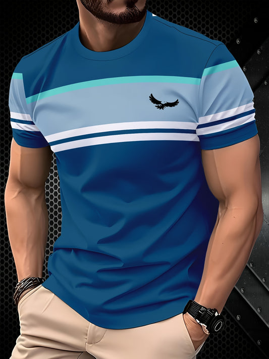 Men'S 3D Blue Casual T-Shirt with Eagle Logo - Lightweight, Stretchy Fabric, Short Sleeve, Round Neck, Perfect for Outdoor  Casual Attire, Casual Wear   Graphic Tee   Comfortable Fit, Essential T Shirt