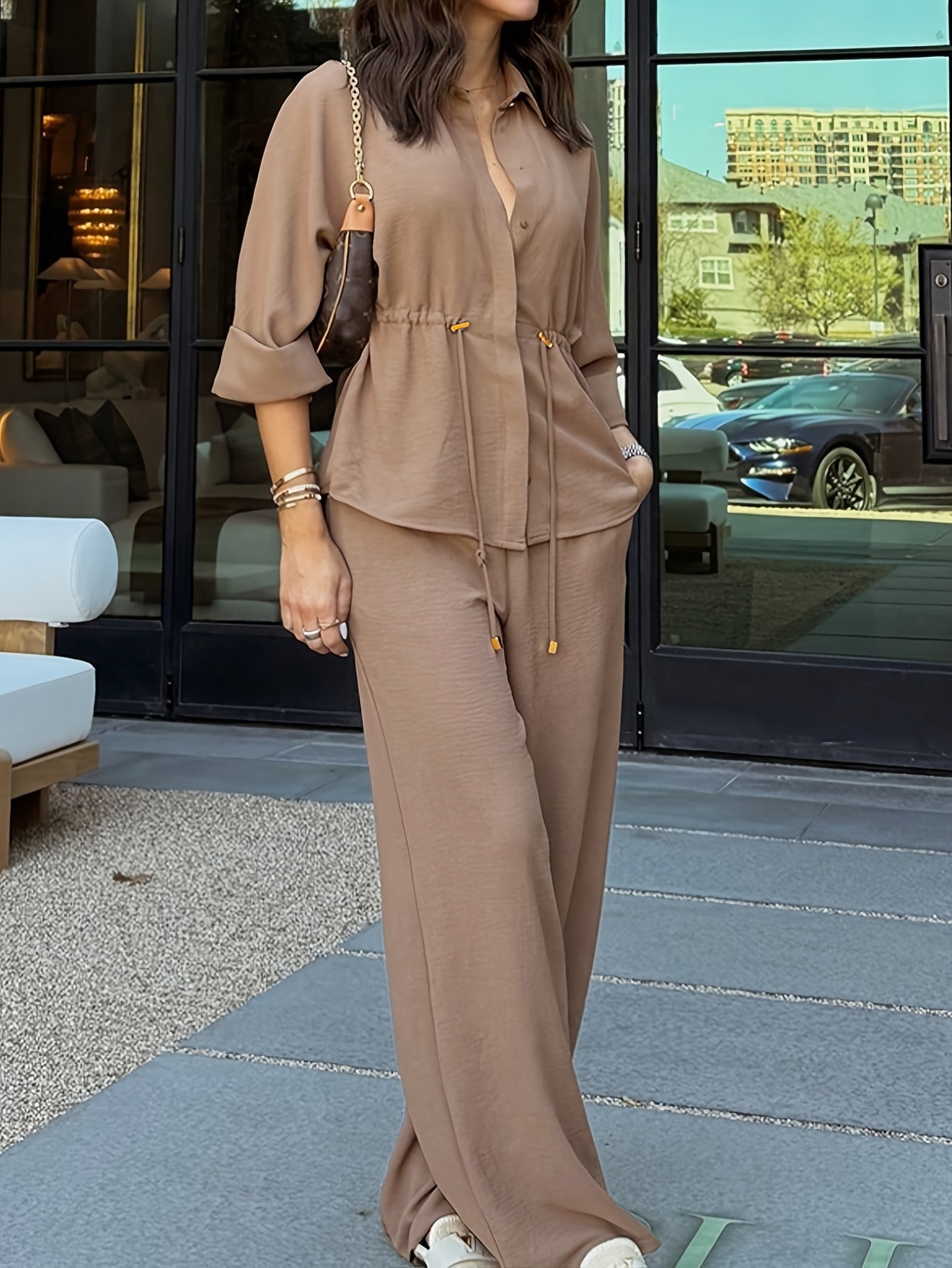 Women'S Spring And Autumn Solid Color Casual Minimalist Button-Up Shirt with Waist Drawstring Design And Vintage French Style Long Sleeves, Paired with Wide-Leg Pants in a Two-Piece Set - ayq