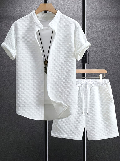 Men'S Casual Short Sleeve Button-Up Shirt & Shorts Set - Solid Black, Breathable Polyester Blend, Regular Fit for Summer, Everyday Comfort, Casual Summer Wear | Buttonup Shirt | Polyester Blend