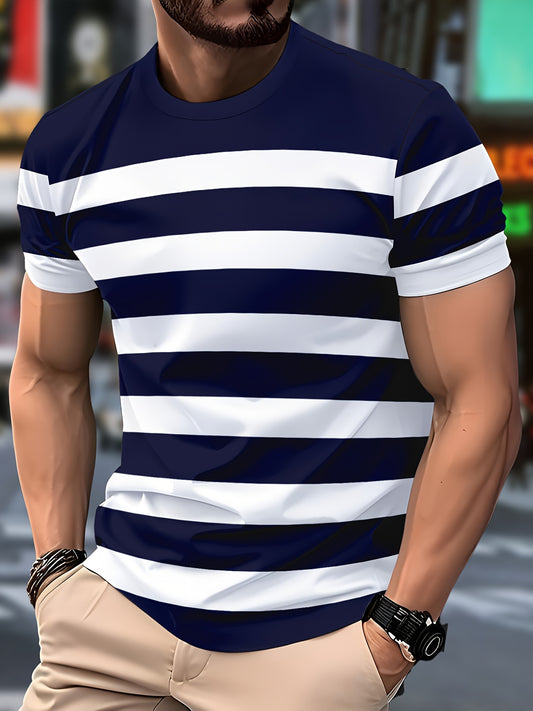 Men'S Casual Striped Short Sleeve T-Shirt - Navy Blue  White Vertical Stripes, Crew Neck, Regular Fit, Lightweight Polyester Fabric, Perfect for Casual Attire, Everyday Tshirt   Classic Striped Tee   Lightweight Shirt