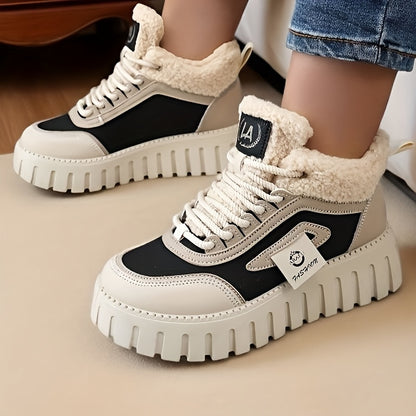 Women'S Winter Warm High-Top Sneakers - Breathable Synthetic, Plush Lined, Durable PVC Sole, Stylish Beige & White Design for Outdoor Casual Wear, Winter Sneakers | Stylish Winter Shoes | Durable PVC Sole, Women Winter Shoes,