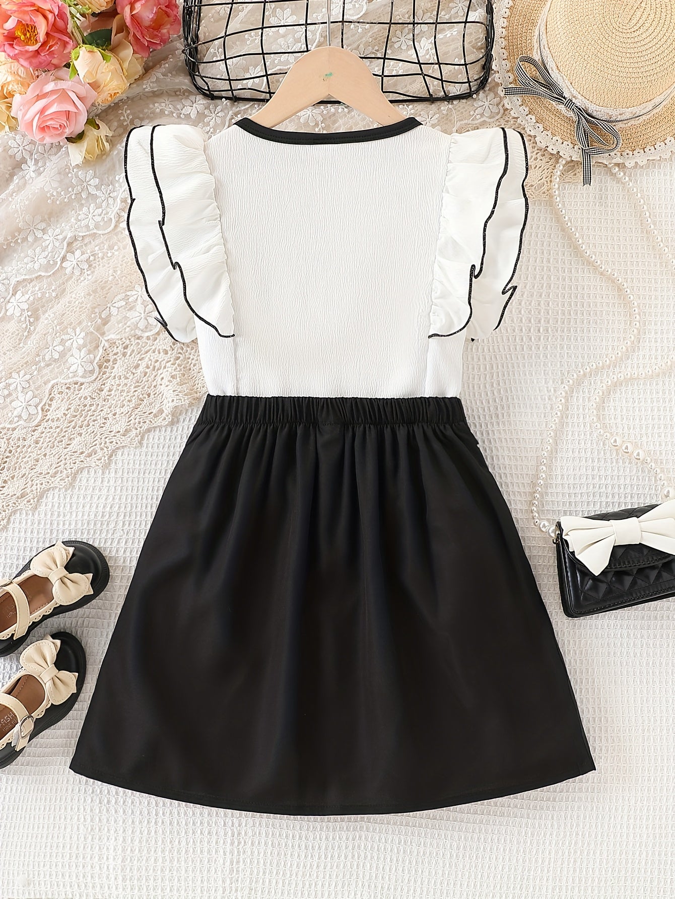 Girls' Elegant Summer Two-Piece Set with Pleated Skirt & Ruffle Sleeve