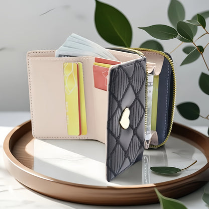 Fashion Rhombus Heart Pattern Tri-Fold Multi-Card Slot Zippered Compartment Multi-Functional Portable Mini Women's Wallet