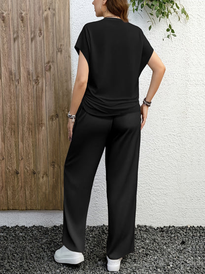 Solid Color Casual Drawstring Pleated Two-Piece Set, Casual Pullover T-Shirt + Loose Pants Outfit, Spring/Summer Collection, Suitable for Daily Wear, Stretch Fabric, Machine Washable
