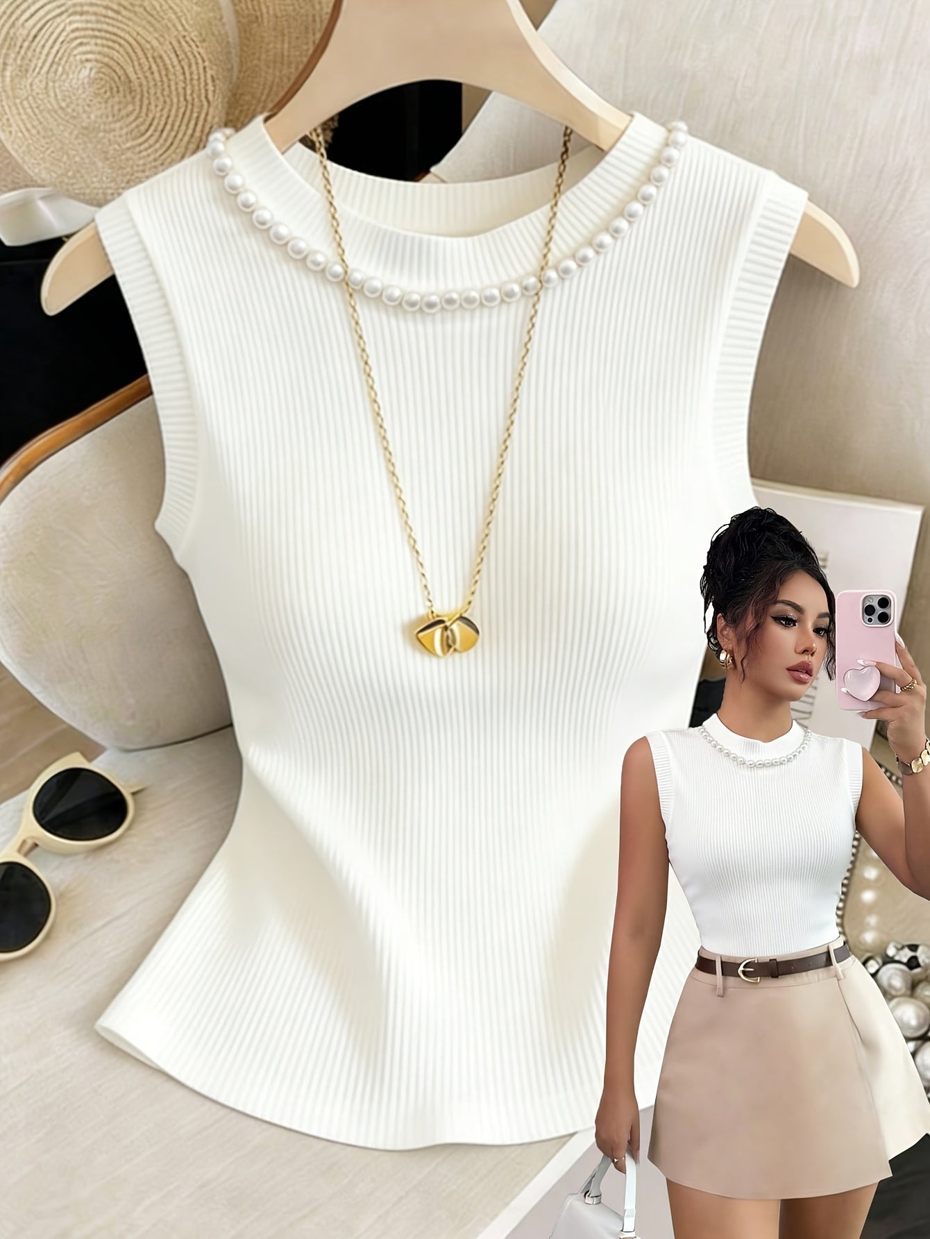 Women’s Elegant Pearl-Embellished Sleeveless Slim-Fit Top