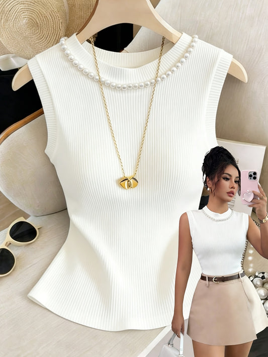 Women’s Elegant Pearl-Embellished Sleeveless Slim-Fit Top