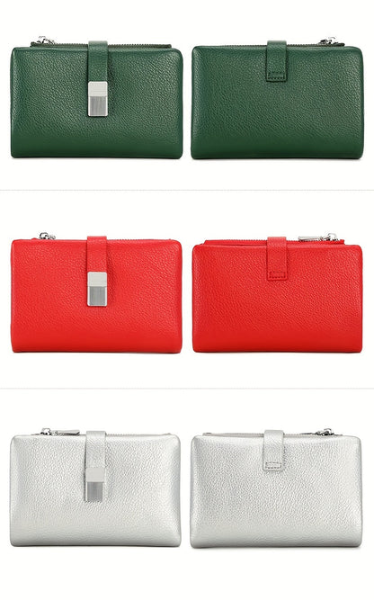 A Compact Trifold Wallet Made of Soft PU in a Solid Color, Featuring Metal Accents. It Includes a Zippered Coin Pocket, Card Slots, And an ID Window, Suitable for Credit Cards, ID Cards, Cash, And Coins. This Modern, Lightwei