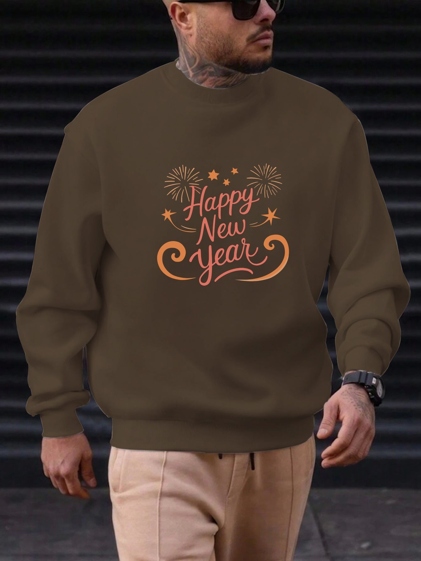 Men'S Happy New Year Sweatshirt - Light Grey with Orange Lettering - Regular Fit Crewneck Pullover for New Year'S Eve, NYE Parties & Casual Attire - Non-Permanent Celebration Sweater for Everyday & Special Occasions, New Year